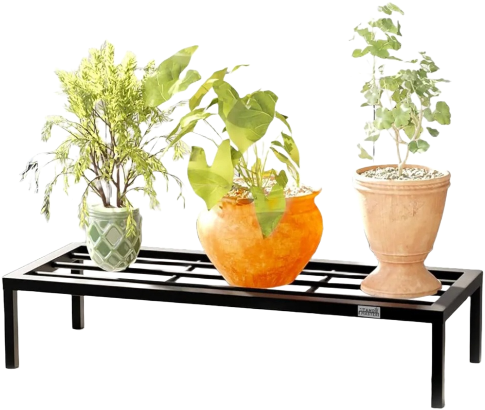 Long Black Metal Rectangular Grid Plant Stand / Multi-Pot Riser for Home Garden
